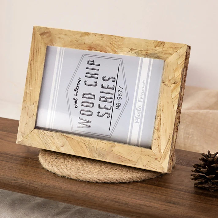 A natural wood rectangular photo frame displaying a label for Wood Chip Series MB-9677