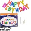 A set of 13 foil letter birthday balloons in various colors spelling out HAPPY BIRTHDAY