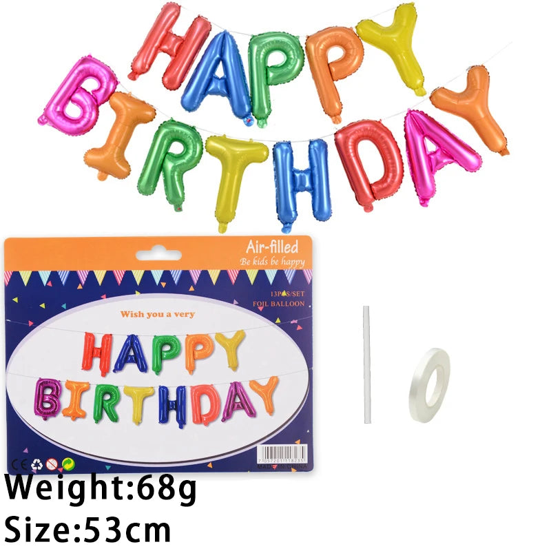 A set of 13 foil letter birthday balloons in various colors spelling out HAPPY BIRTHDAY