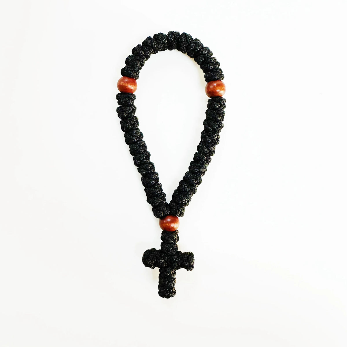 Handmade black prayer rope with wooden beads and a cross charm