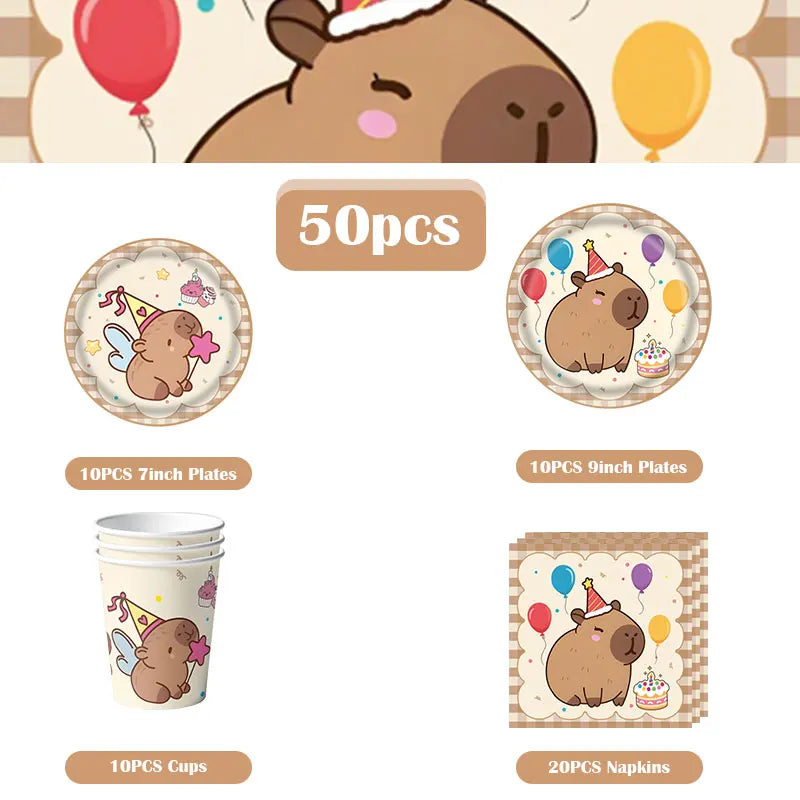 A kit of birthday party decorations including 50 pieces of capybara themed items like plates cups and napkins