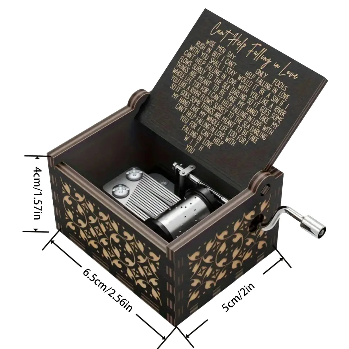 An antique engraved wooden music box with a lid showing a poem inside