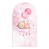 A watercolor illustration of a cute teddy bear floating on pink clouds surrounded by balloons and stars.