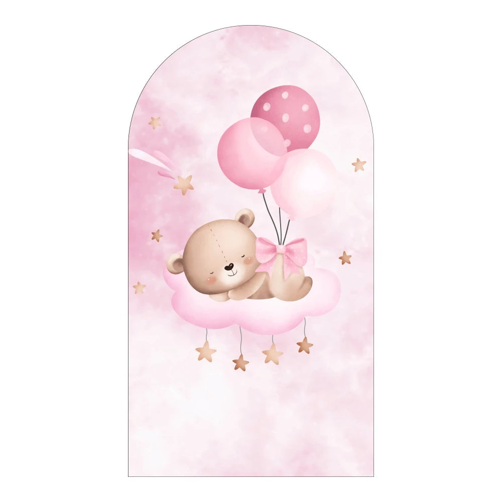 A watercolor illustration of a cute teddy bear floating on pink clouds surrounded by balloons and stars.