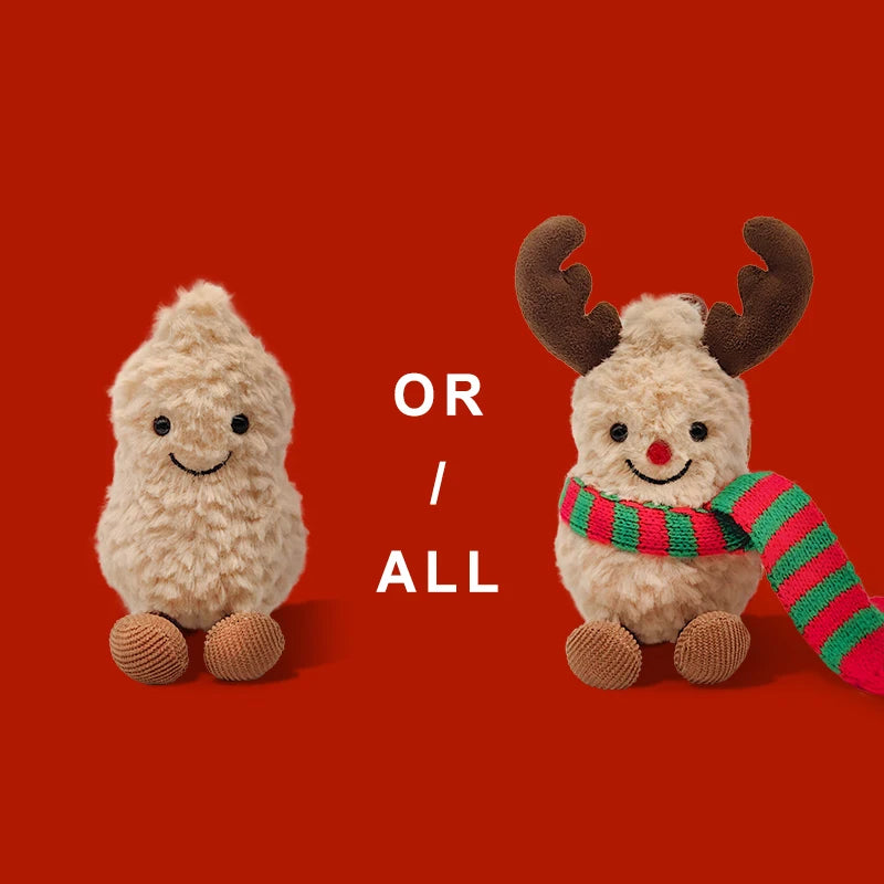 Two fluffy plush toys, one resembling a reindeer with antlers and another with a scarf, are displayed against an orange backg