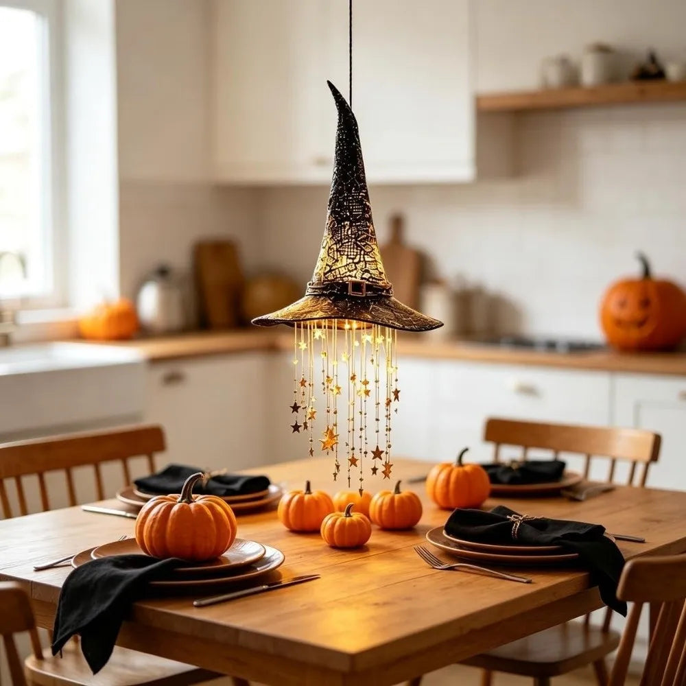 A glowing witch hat hanging chime with star tassels above a wooden dining table.