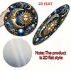A 2D flat style metal wall sign featuring a detailed celestial design of the sun and moon.