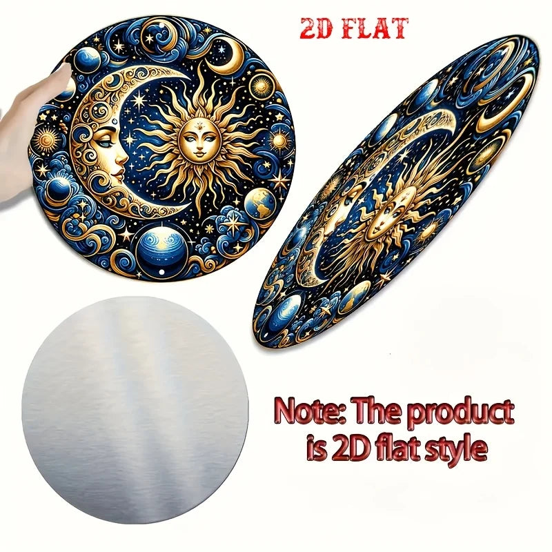 A 2D flat style metal wall sign featuring a detailed celestial design of the sun and moon.