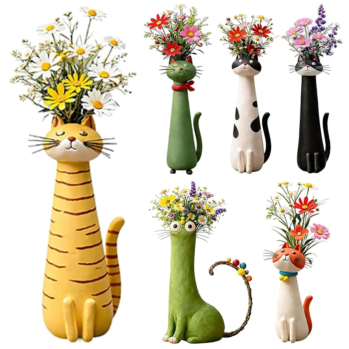 A collection of whimsical resin cat flower vases in various colors and styles.