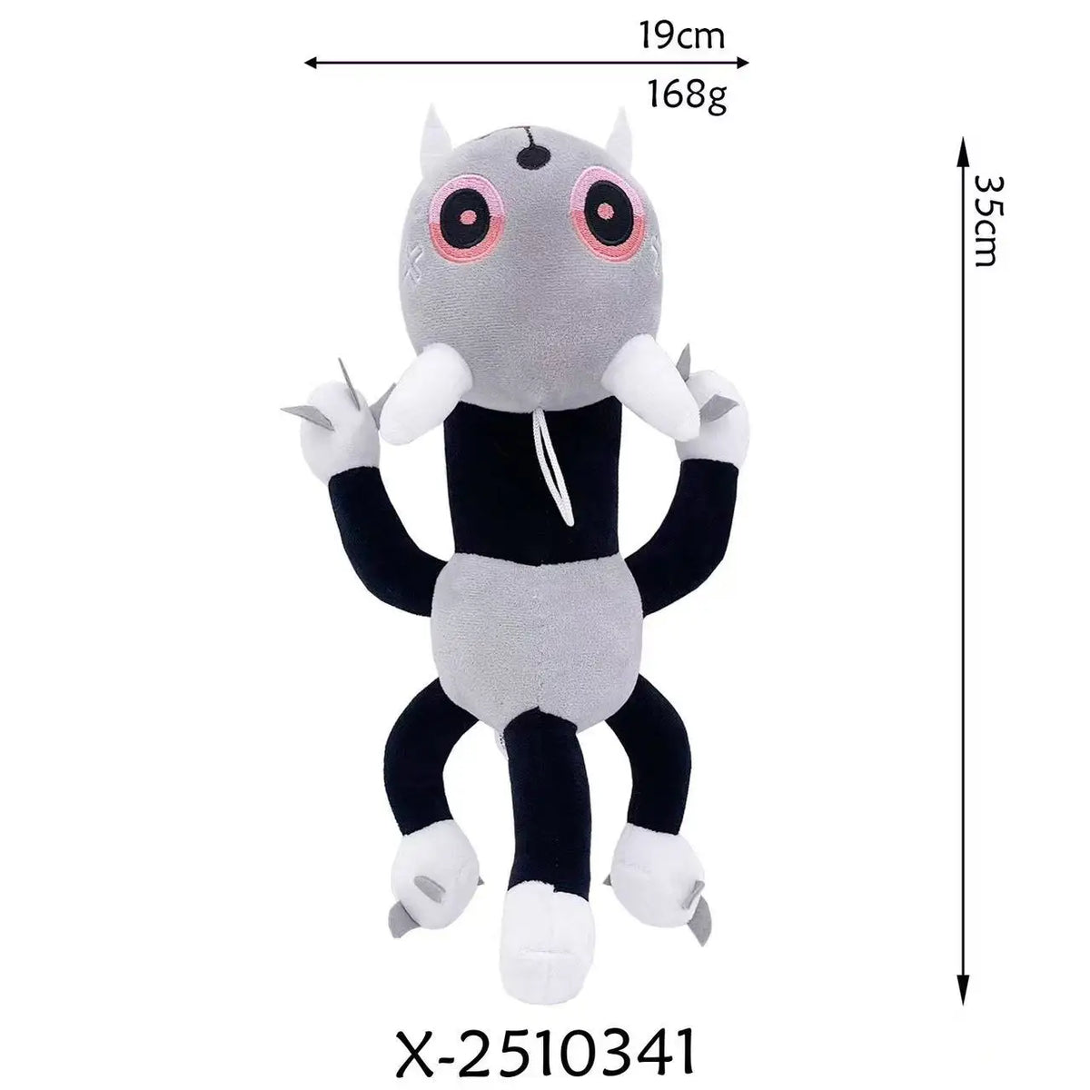 A gray and black plush toy resembling a rodent with large eyes, measuring 19cm long and weighing 168g.