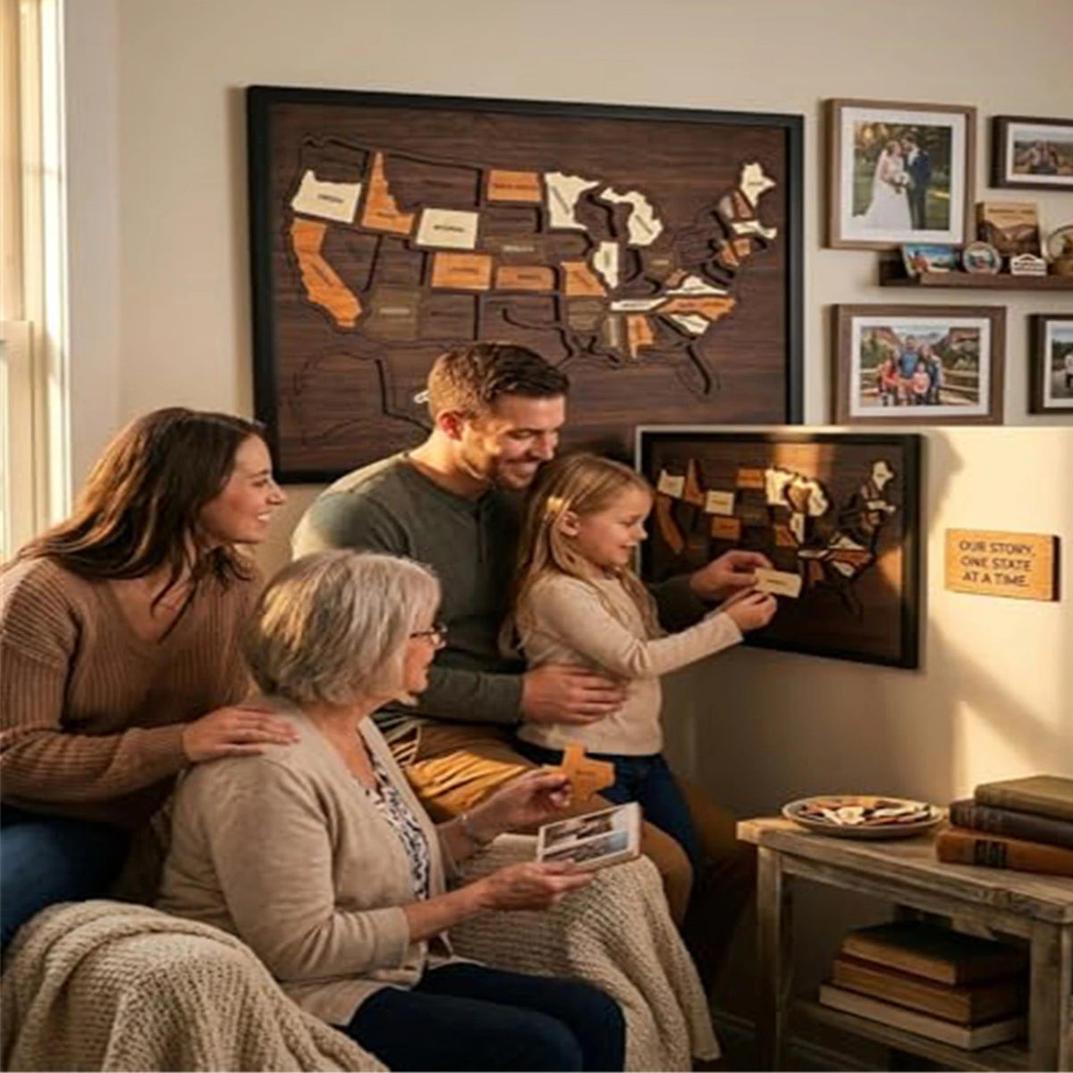 Eine Familie versammelt sich um ein großes Holz-USA-Landesform-Puzzle mit Aufklebern in einem hell erleuchteten Raum.