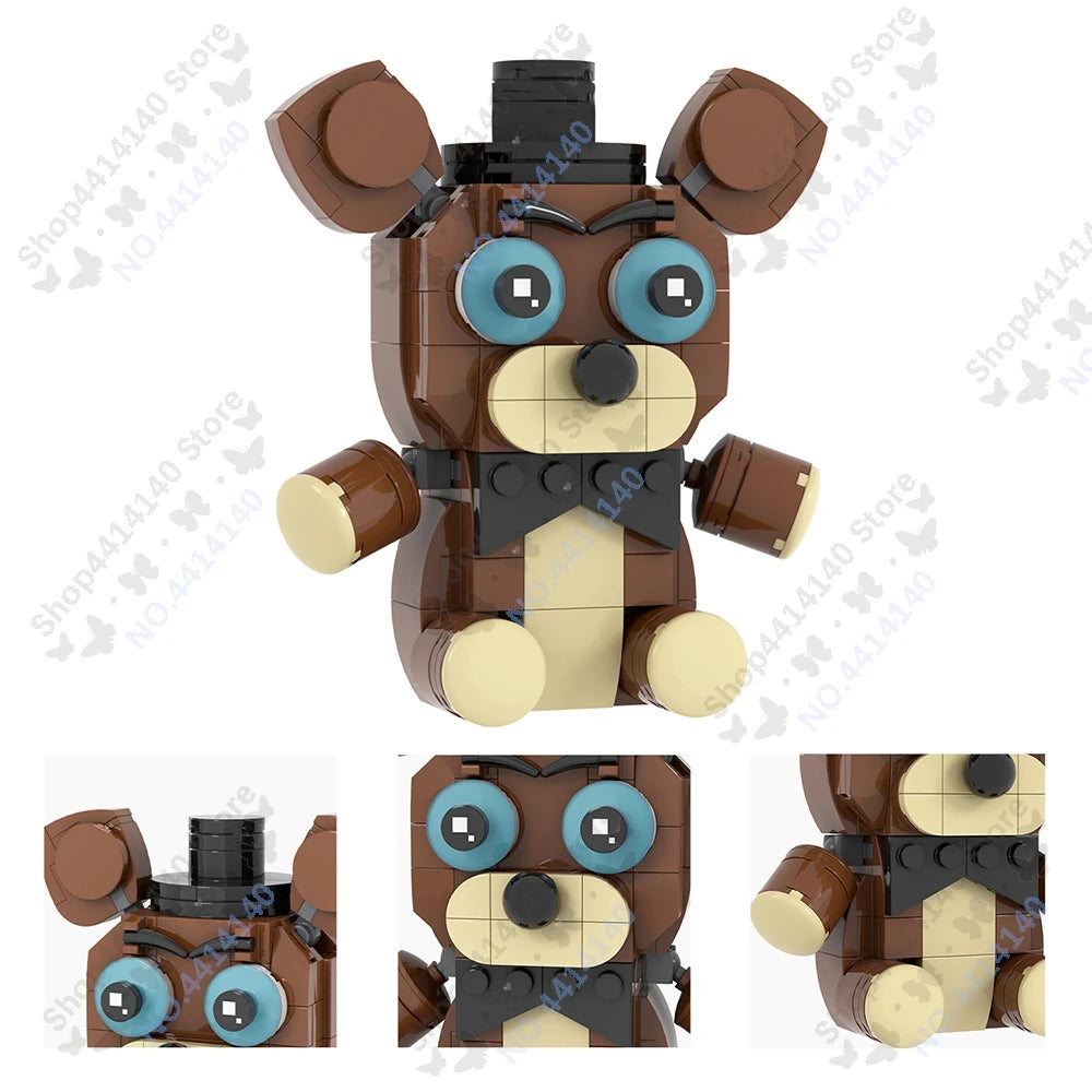A brown and tan collectible DIY model of a bear character built from building blocks.