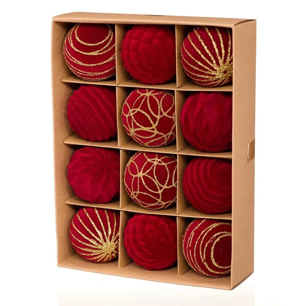 A set of twelve red velvet Christmas hanging ornaments with gold glitter accents displayed in a cardboard box.