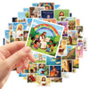 A hand holds up a colorful sticker pack featuring inspirational Jesus decals and a welcoming message to children.