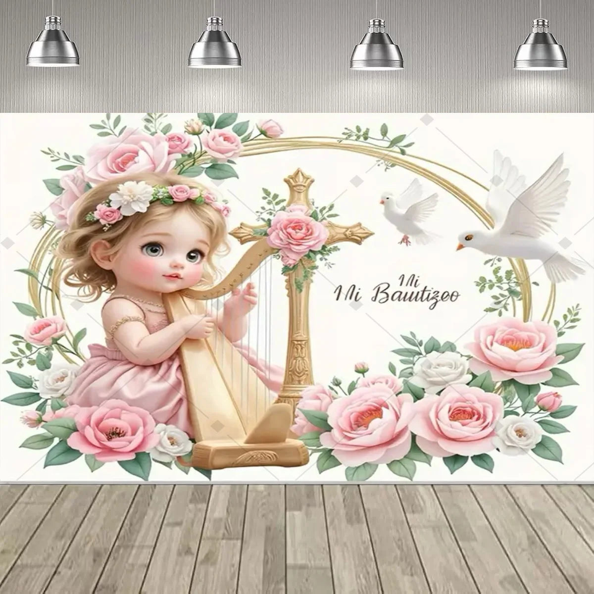 A floral backdrop for a First Communion featuring a young girl, a wooden cross, and a dove.