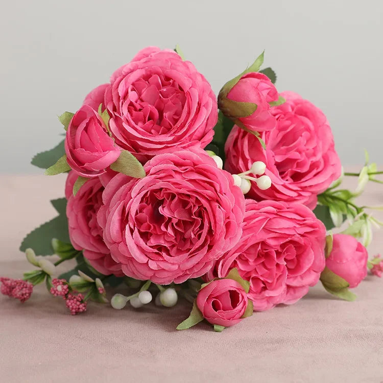Silk Peony Artificial Flower Bouquet – 5 Blooms & 4 Buds in Rose Pink