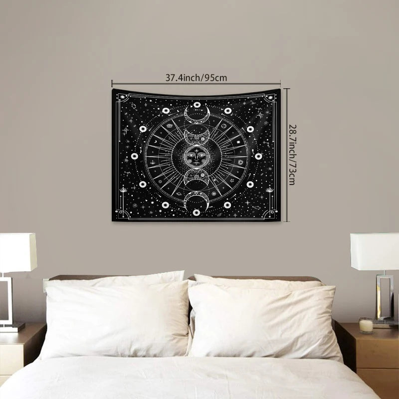 A black tapestry wall hanging featuring a detailed psychedelic sun and moon mandala design.