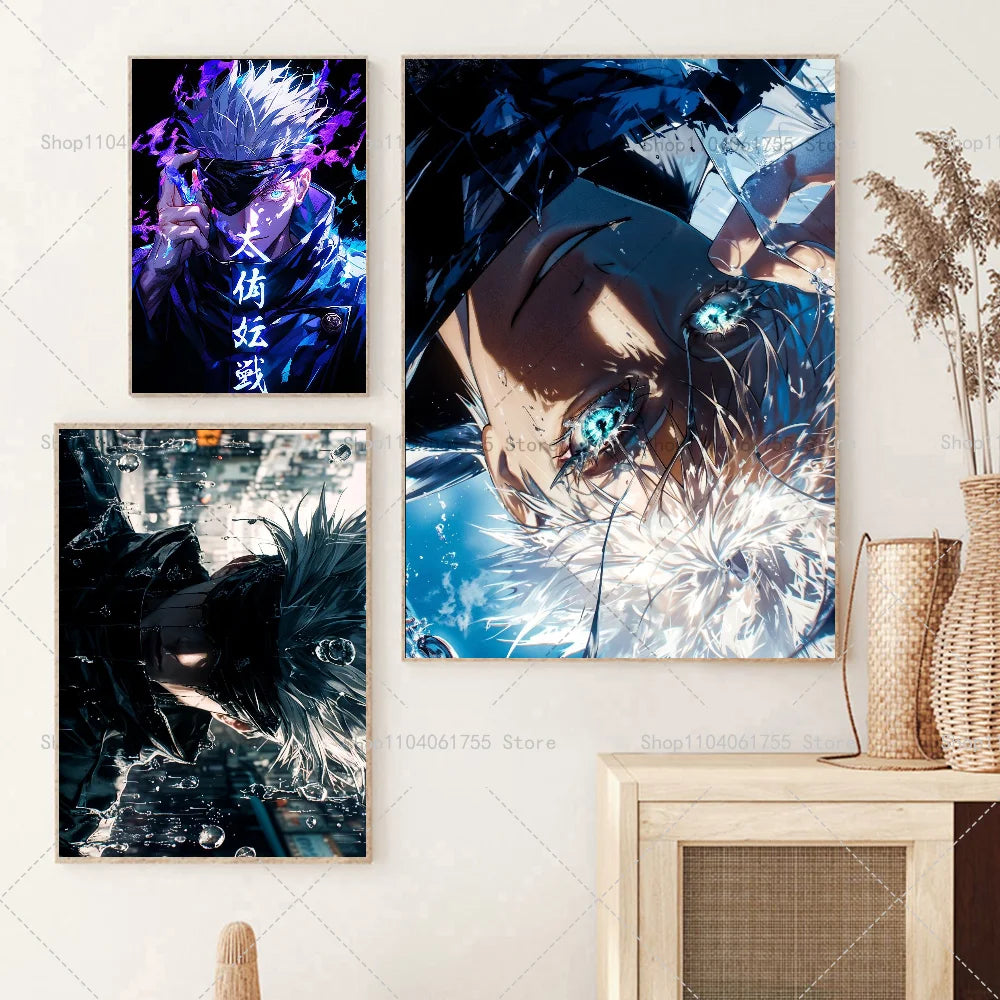 A set of three posters featuring Gojo Satoru from anime in various dramatic close-up shots.