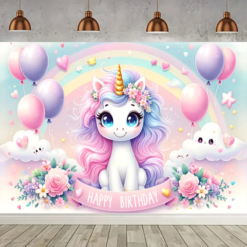 A magical pink unicorn birthday party backdrop featuring a unicorn with purple hair and a rainbow arch surrounded by balloons
