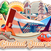 A colorful souvenir featuring a building facade and a red car, with the text Ciudad Juarez.