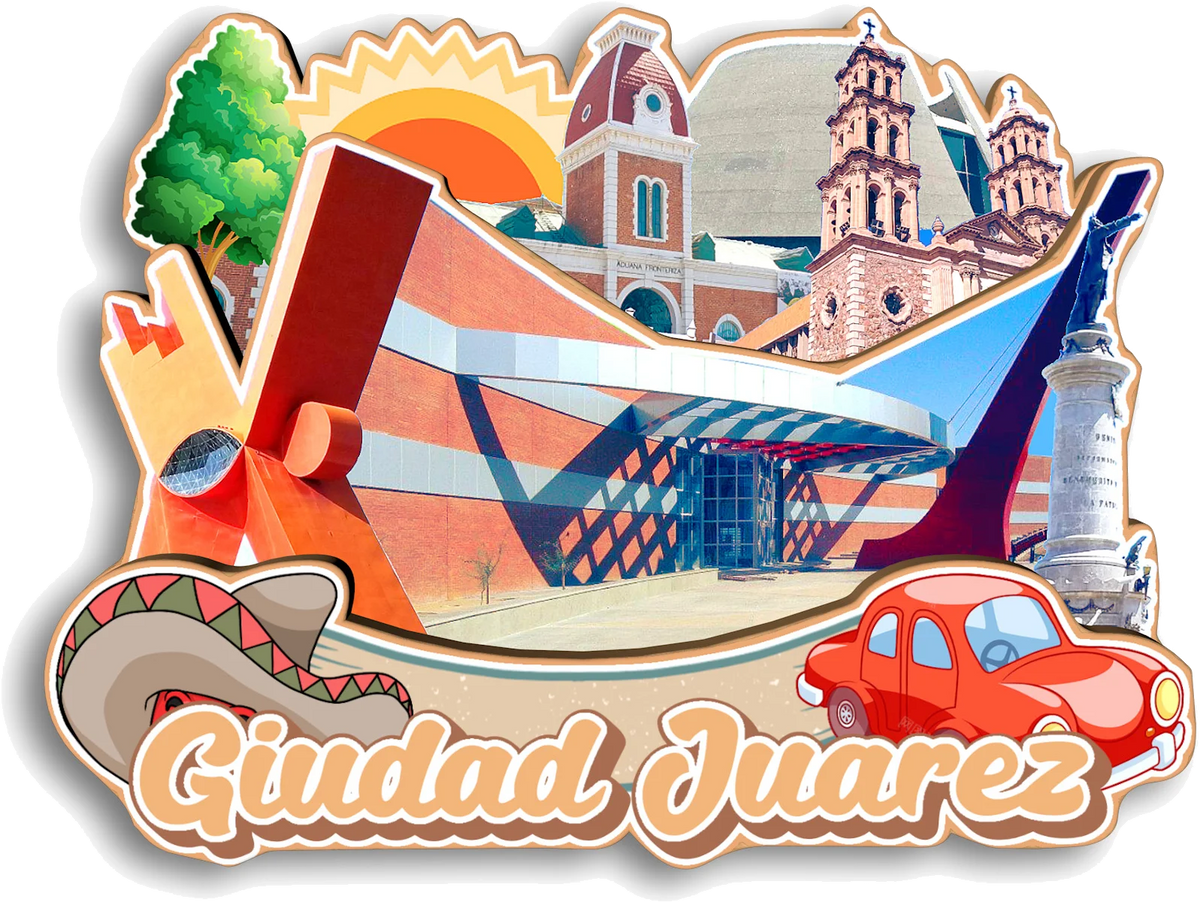 A colorful souvenir featuring a building facade and a red car, with the text Ciudad Juarez.