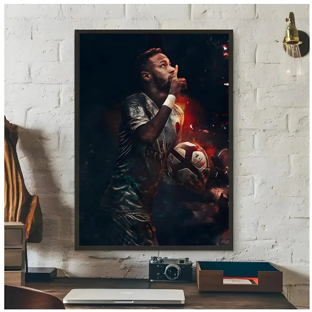 A dark, dramatic painting of Neymar Jr celebrating with a football, displayed on a white brick wall.