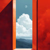 A minimalist painting featuring a red wall framing a view of a blue sky with a white cloud and a moon.