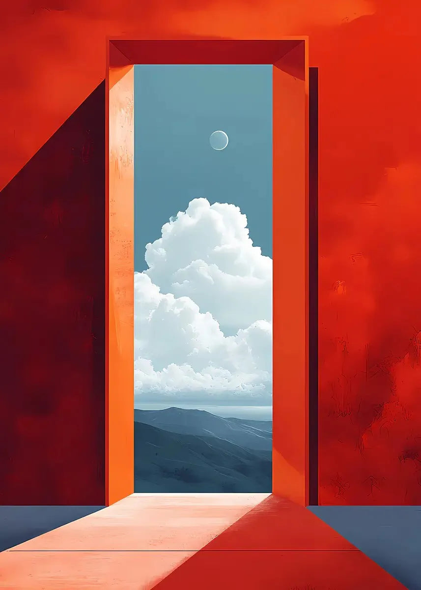 A minimalist painting featuring a red wall framing a view of a blue sky with a white cloud and a moon.