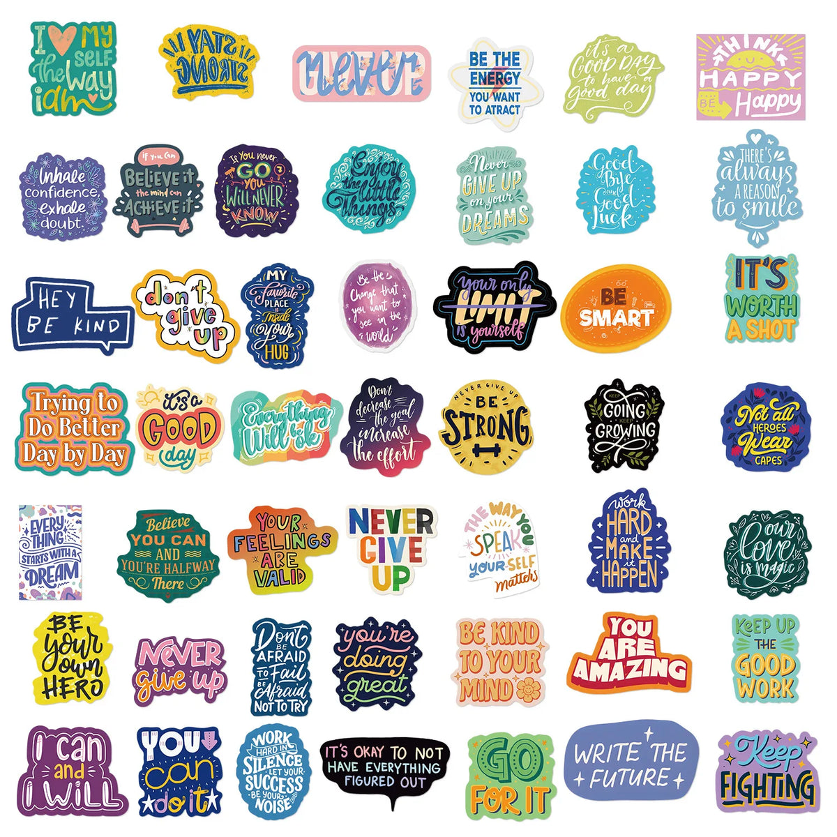 A collection of inspirational quote stickers featuring positive messages like I love myself and Be Smart