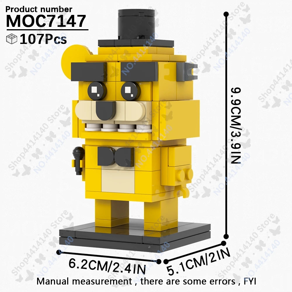 A yellow Five Nights at Freddy's character model built from LEGO-style building blocks.
