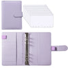 A purple PU leather budget planner binder with cash envelopes and expense sheets shown in various forms.