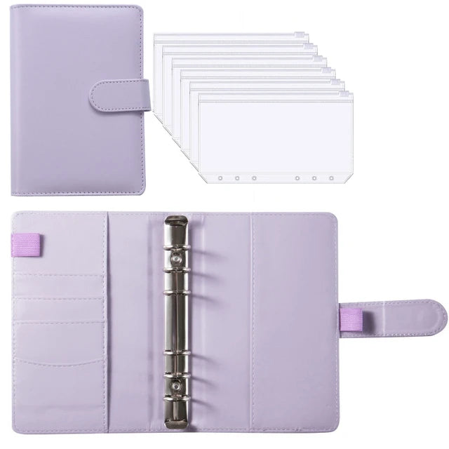 A purple PU leather budget planner binder with cash envelopes and expense sheets shown in various forms.