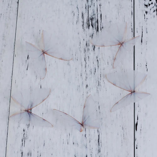 Several translucent, delicate organza butterfly embellishments are scattered on a white wooden surface.