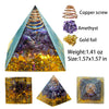 A pyramid-shaped crystal featuring purple amethyst and gold foil, measuring 1.57x1.57 inches.