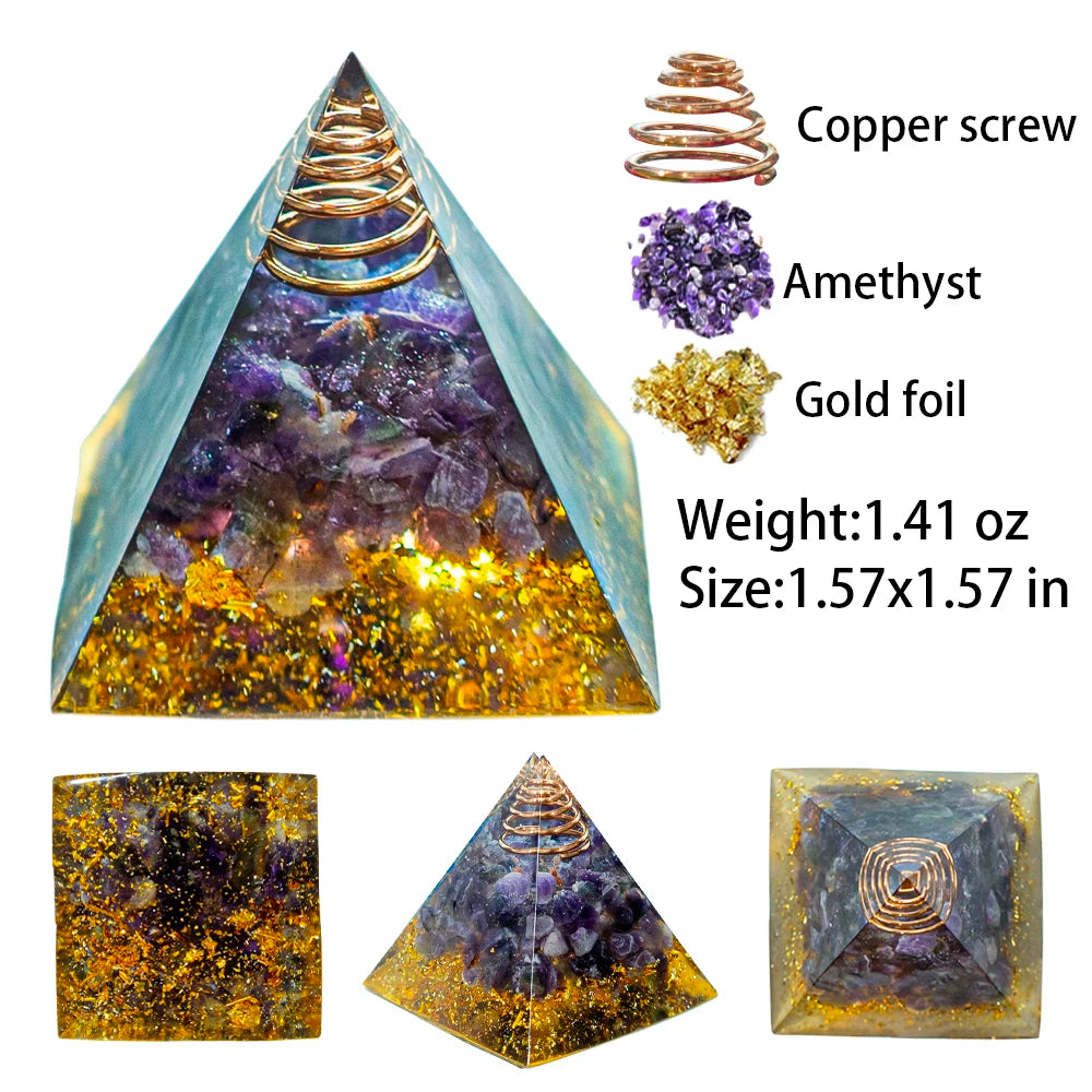 A pyramid-shaped crystal featuring purple amethyst and gold foil, measuring 1.57x1.57 inches.