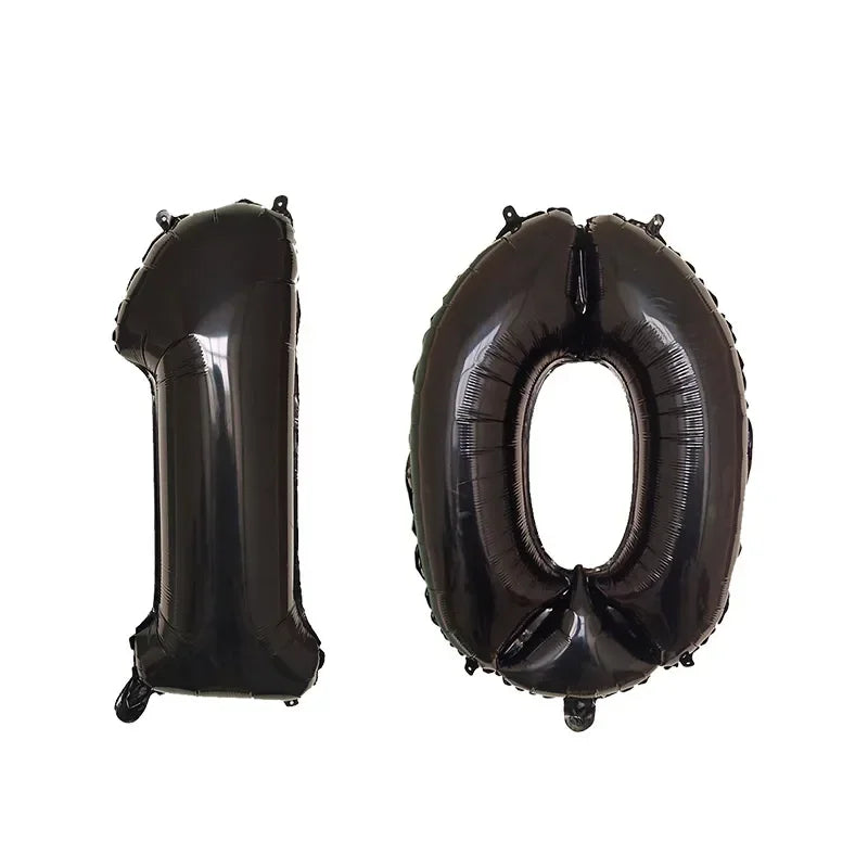Black helium foil number balloons shaped like the number 10