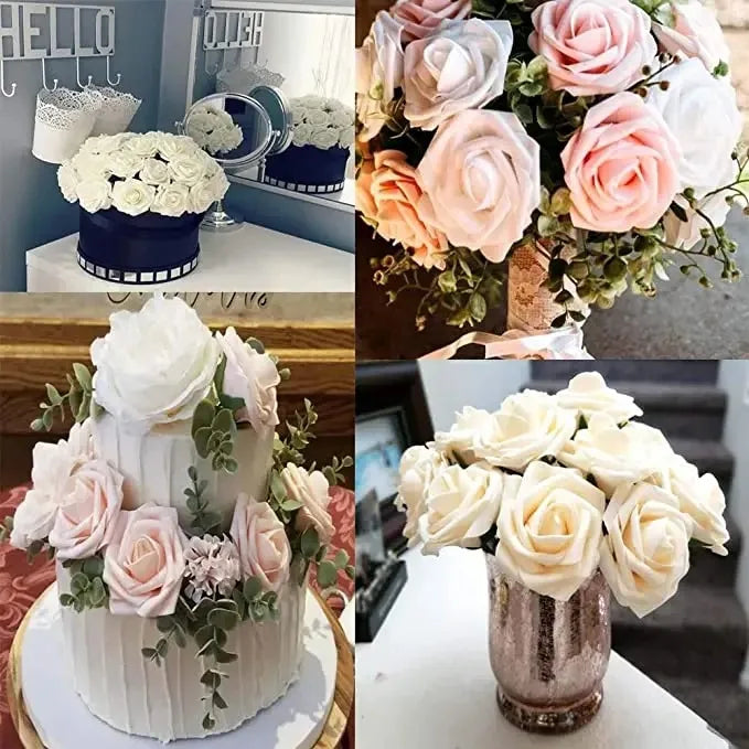 A close-up of various lifelike foam roses in shades of pink and white used for wedding and home décor.