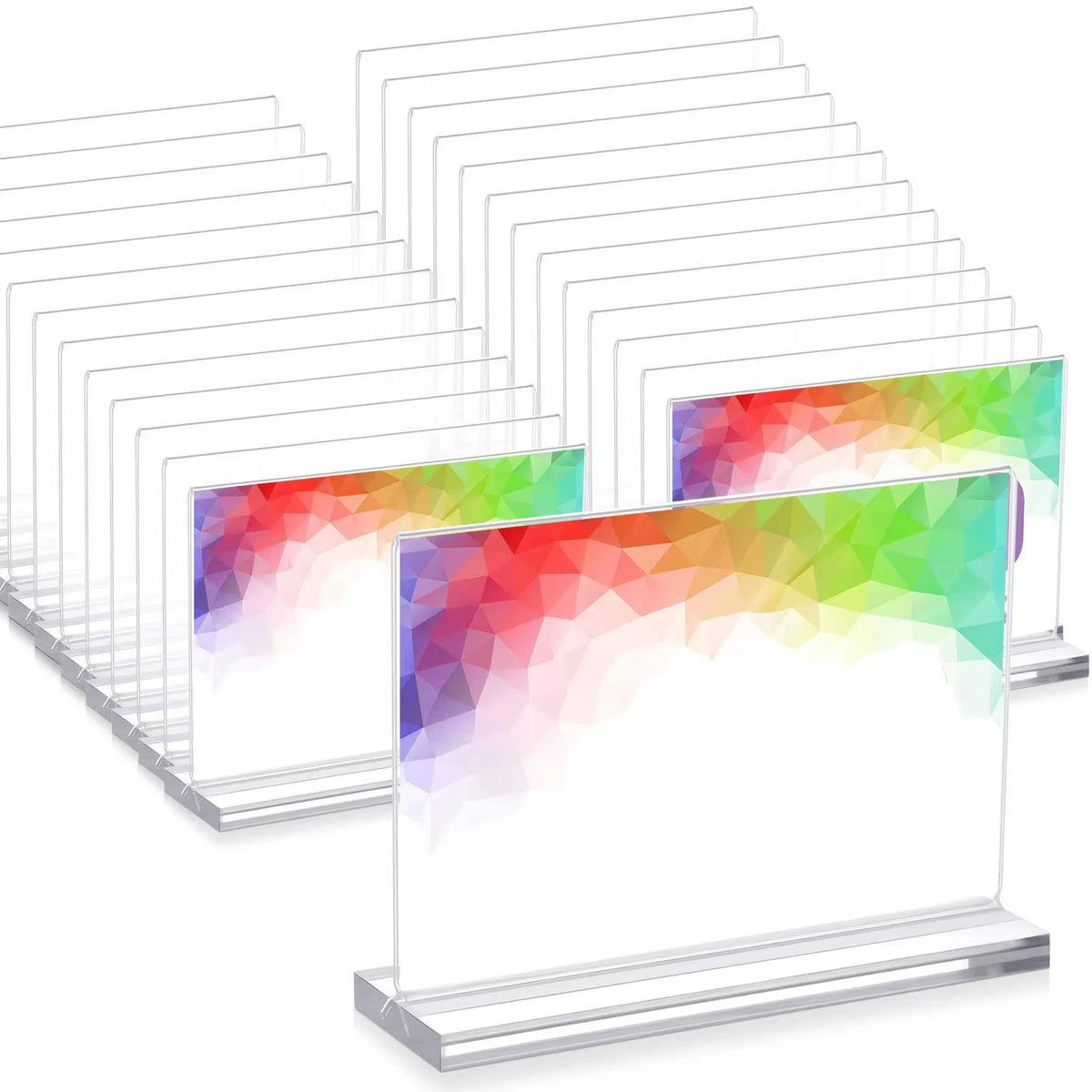 A set of clear acrylic double-sided tabletop sign holders arranged in rows.