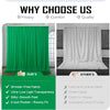 A comparison showing wrinkle-free green and white fabric backdrop curtains highlighting features like privacy, comfort, quali