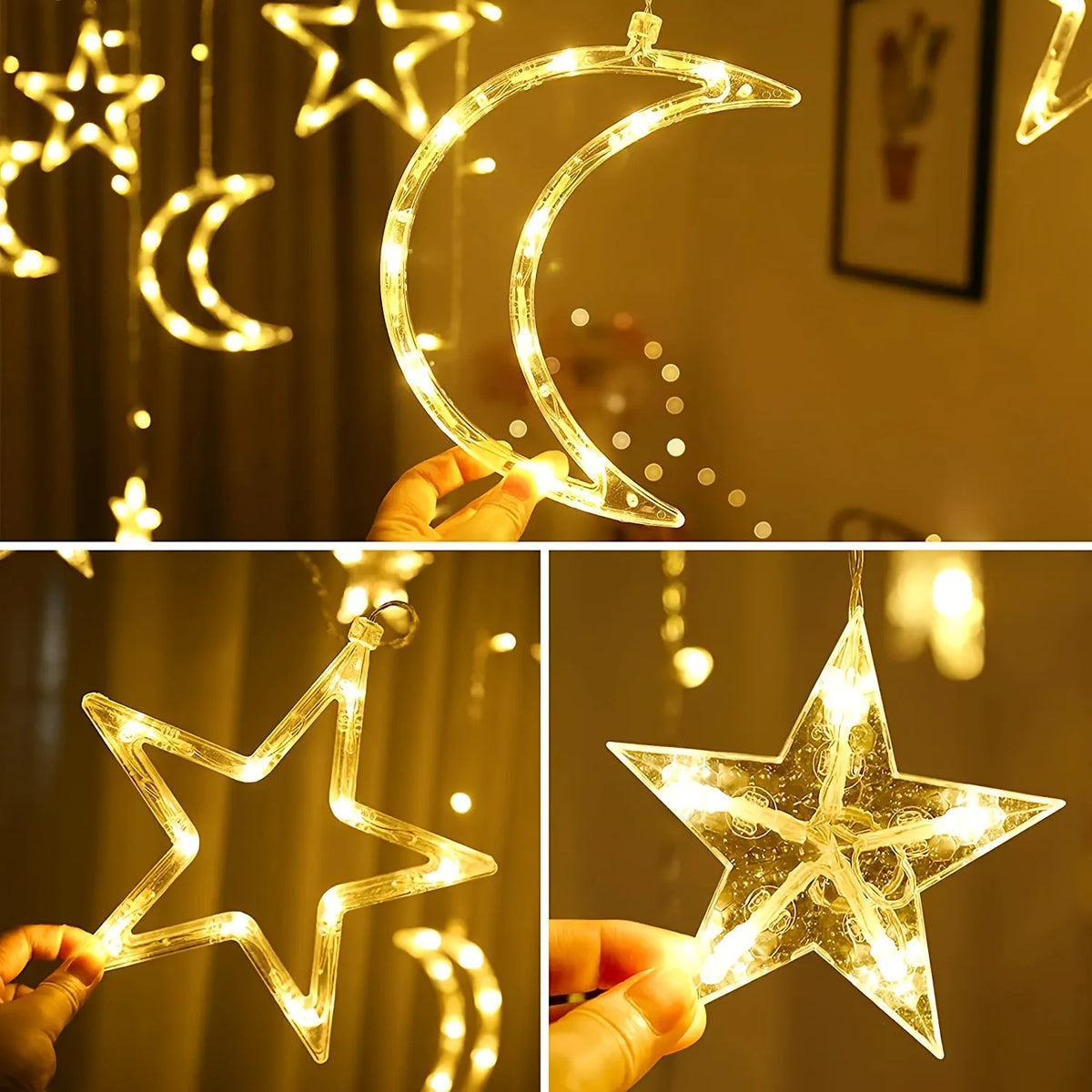 Hands hold a glowing crescent moon and star LED light decoration against a soft background.