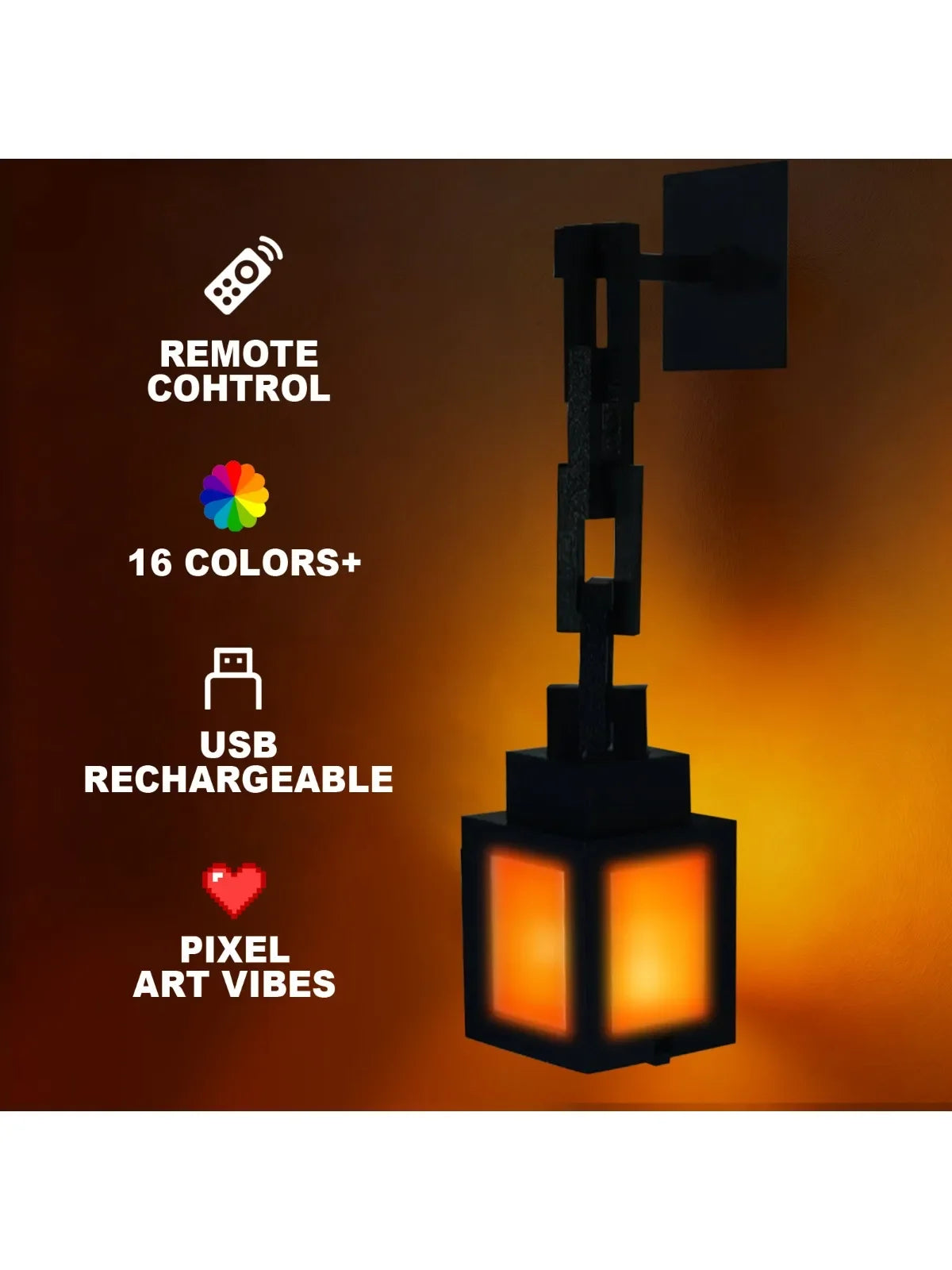 A black pixel style RGB night light lantern with a remote control and USB rechargeable features.