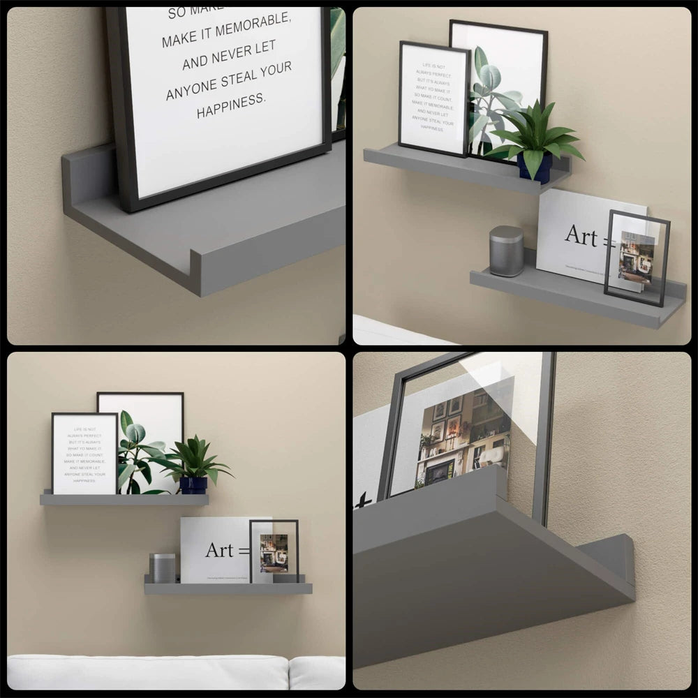 Two rustic floating wood shelves display framed art and greenery on a beige wall.
