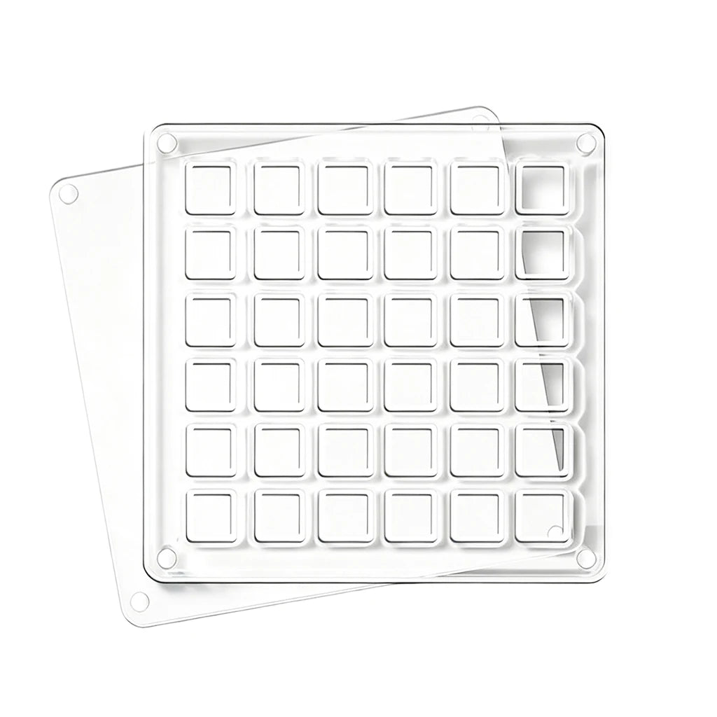 A clear acrylic magnetic seashell display box with a grid pattern.