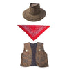 A classic cowboy costume set featuring a brown felt hat, a brown vest, and a red patterned scarf.
