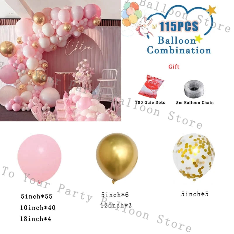 A balloon combination kit featuring pastel pink and white balloons, including various sizes and a 5m balloon chain.