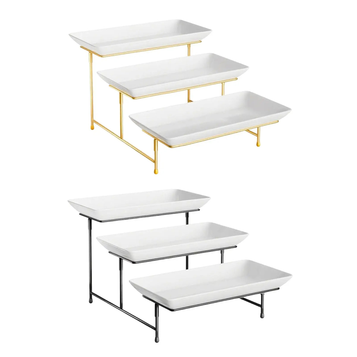 Elegant three-tier rectangular serving platter stand with gold and black metal frames.