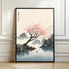 A vertical canvas print featuring a pink blossoming tree silhouette against a misty landscape and water.
