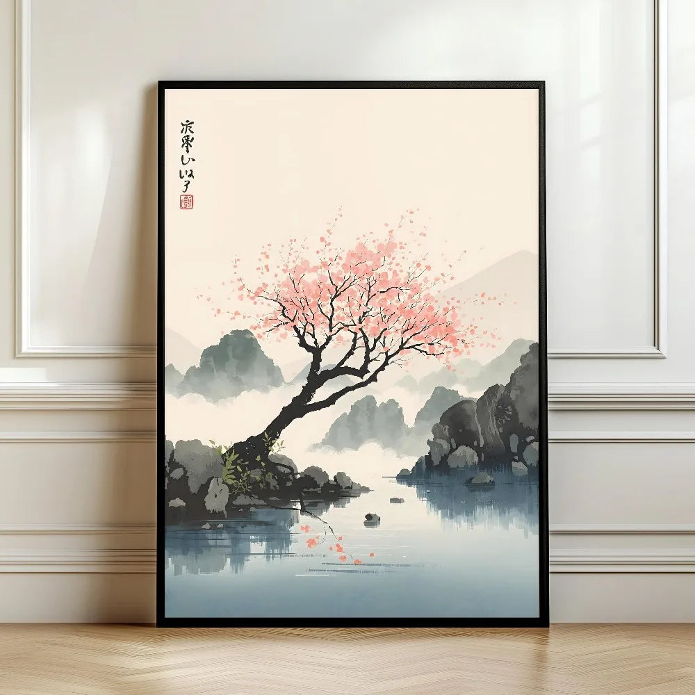 A vertical canvas print featuring a pink blossoming tree silhouette against a misty landscape and water.