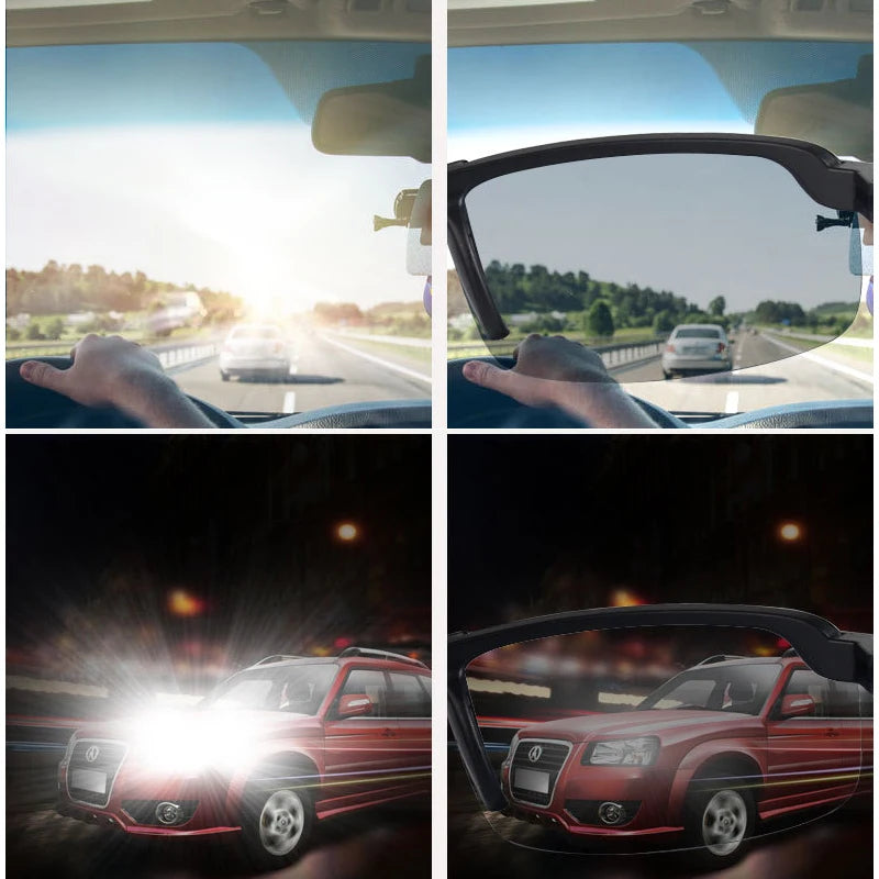 Four images showing a car interior view of photochromic polarized driving sunglasses and an alloy frame.
