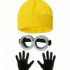 Yellow Halloween costume hat with black fringe, black gloves, and silver round glasses.